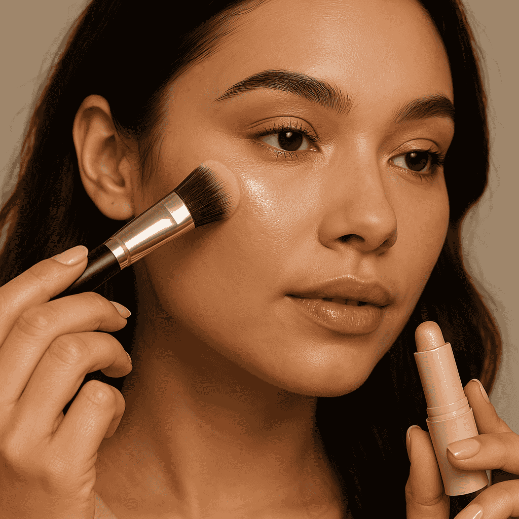 A beautifl girl applying highlighter stick on her face with a brush in hand to blend