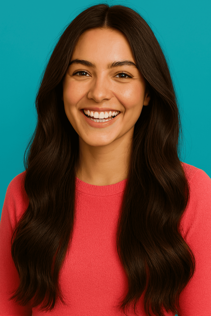 A beautiful girl with long hair extension smiling to camera