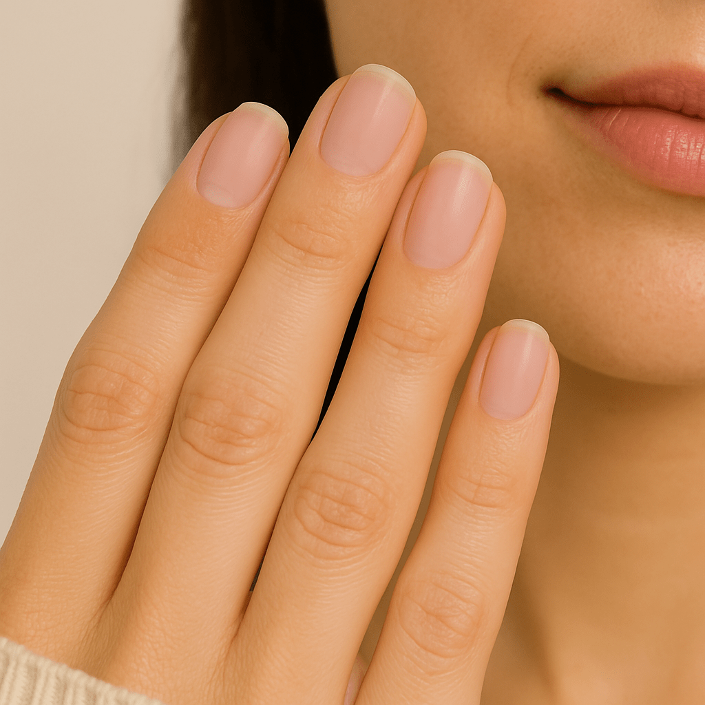 a girl showing her nail without lip gloss nails